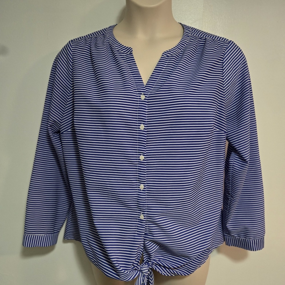 Talbots Petite Plus 1XP Blue White Stripe Blouse w/ Tie Front